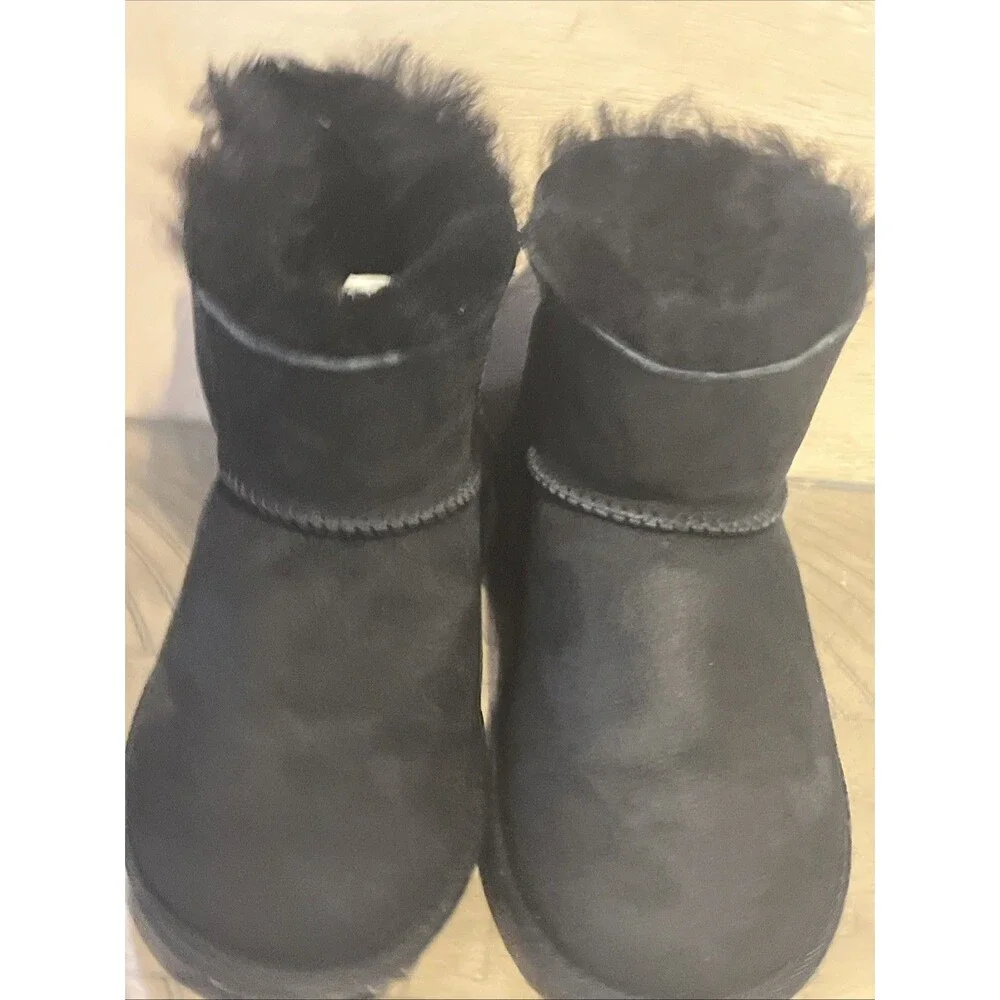 Girls 13 Boots Shearling Wool Sheepskin Shoe Black bootie Warm Slip On Winter